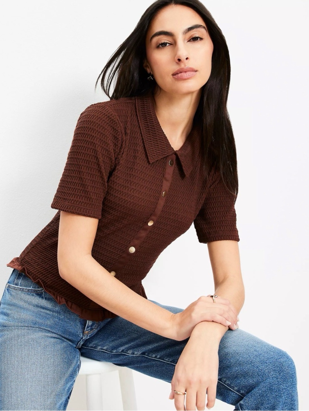 LOFT Brown Textured Short-Sleeve Polo Top size Large